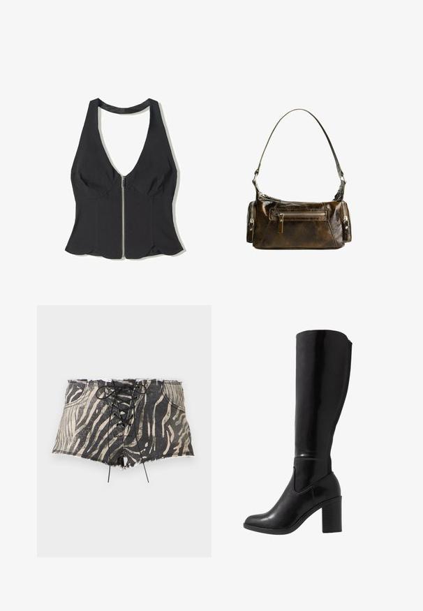 Sort halterneck top lavet af stof med en dyb V-udskæring, der har en lynlås foran og en scallop-kant i bunden. Ingen mønstre eller detaljer.; Denim shorts med et sort og beige zebrastrik, som har snørebånd foran, rå kant og lommer på hver side.; Knæhøje sorte glansede støvler med hæl, rund tå, glat overflade, detalje med udskæring på siden og en chunky stablet hæl.; Brun læder håndtaske med en buet form, sølv hardware og to lynlåslommer på forsiden. Justerbar skulderrem inkluderet.
