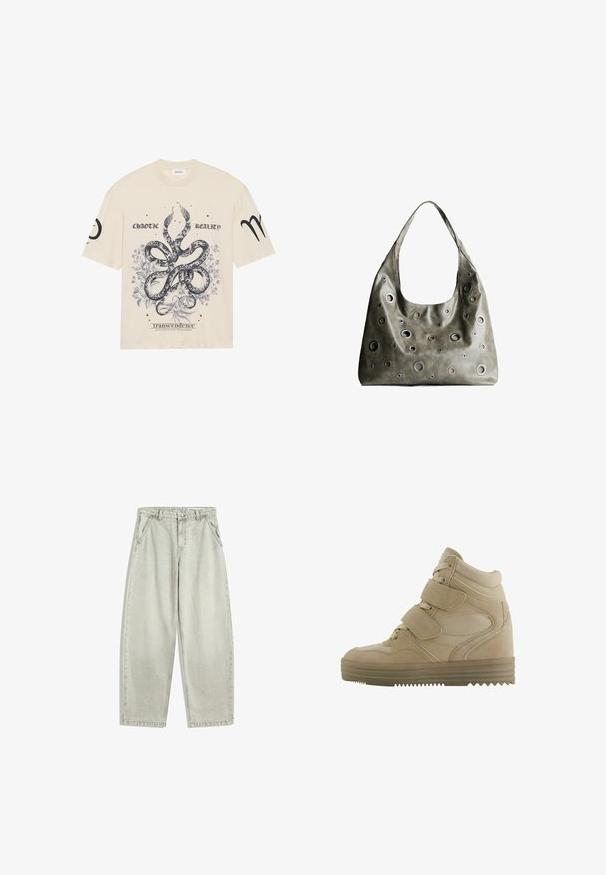 Bež majica kratkih rukava s centralnom crnom zmijom koja je okružena cvjetnim elementima i tekstom. Klasični dizajn s okruglim izrezom.; Svijetlosivi traperice s visokim strukom, prednjim gumbom i zatvaračem, koso postavljeni bočni džepovi i širokim ravnim nogavicama.; Bež visoke tenisice s dizajnom od antilopa i mrežaste tkanine, podesivim čičak trakama i debelim gumenim podplatima s uzorkom u obliku cik-caka.; Maslinasto zeleni kožni ručni kovčeg s opuštenim dizajnom, s raznim kružnim izrezima različitih veličina i naglascima u tamnijim i svjetlijim nijansama.