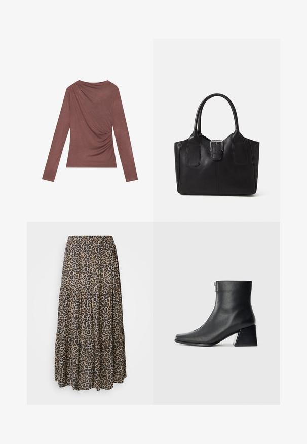 Ilga rankovė viršutinė dalis, neryškio purpurinio atspalvio, su drapiruotu akcentu nugaros dalyje ir švelniai surinktomis šoninėmis. Pagaminta iš minkštos, lengvos medžiagos.; Leopardo rašto maksi sijonas su elastine juosta, sluoksniuota konstrukcija ir minkšta, lengva medžiaga, kuri yra rudos, juodos ir smėlio spalvų atspalvių.; Juodas odinis kulkšninis botas su kvadratiniu pirštu, šoniniu užtrauktuku ir blokuotu kulnu, prieš lengvą paprastą foną.; Juodas odinis nešiojamas krepšys su lygiu paviršiumi, struktūrine forma, dviem rankenėlėmis ir ryškiu sidabriniu sagties akcentu priekyje.