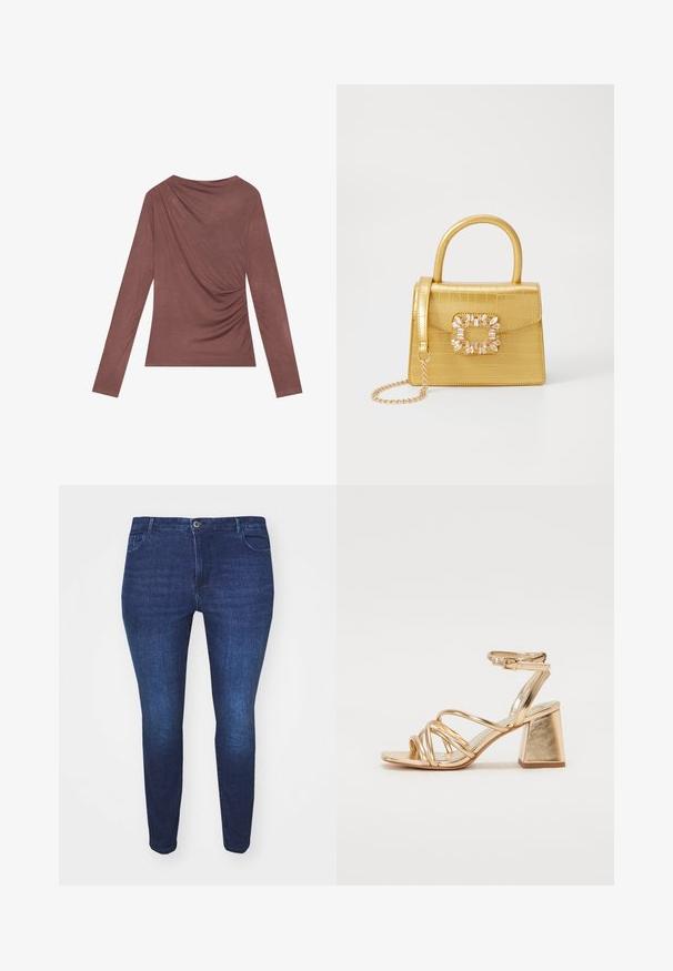 Long-sleeve top in a muted mauve color, featuring draped detail on the back and gently gathered sides. Made from soft, lightweight fabric.; Dark blue slim-fit denim jeans with front button and pockets, shown from the front against a white background.; Gold metallic heeled sandals featuring a strappy design, square block heel, and adjustable ankle strap with a buckle. Smooth texture.; Yellow faux-crocodile handbag with a structured design, top handle, detachable chain strap, and decorative crystal embellishment on the clasp.