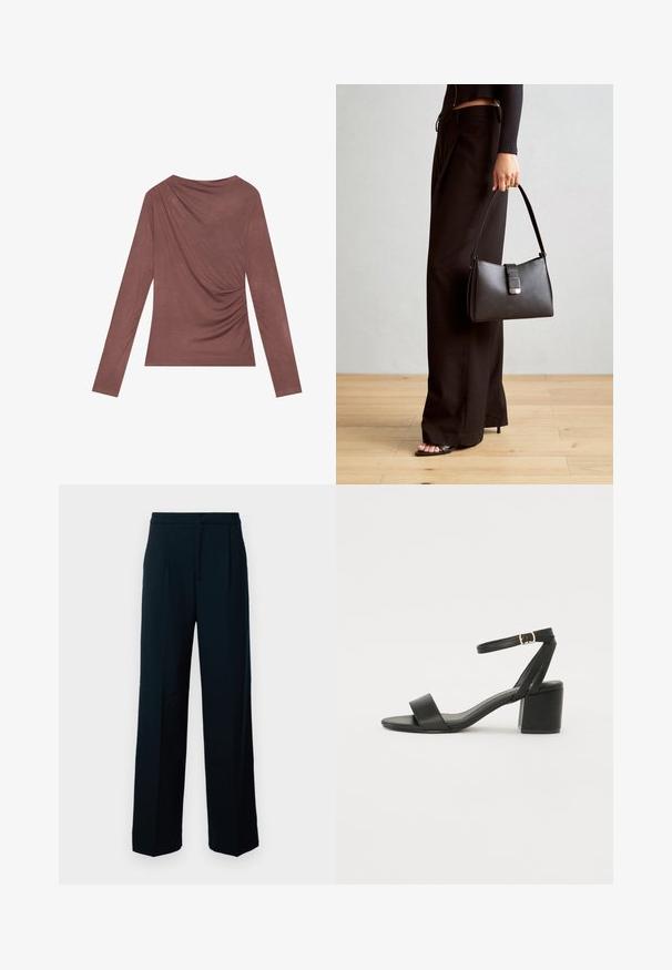 Langærmet top i en dæmpet mauve farve, med draperet detalje på ryggen og let indsamlede sider. Lavet af blødt, let materiale.; Sorte vide benbukser lavet af glat stof, med høj talje, frontfolder og et enkelt, minimalistisk design.; Sort hæl sandal med en glat læderoverdel, åben tå, brede frontstropper og justerbar ankelrem med detaljer i guldfarve.; Sort håndtaske med struktureret form, glat overflade og metalspænde. Sammen med brede sorte bukser og sandaler med åben tå på trægulv.