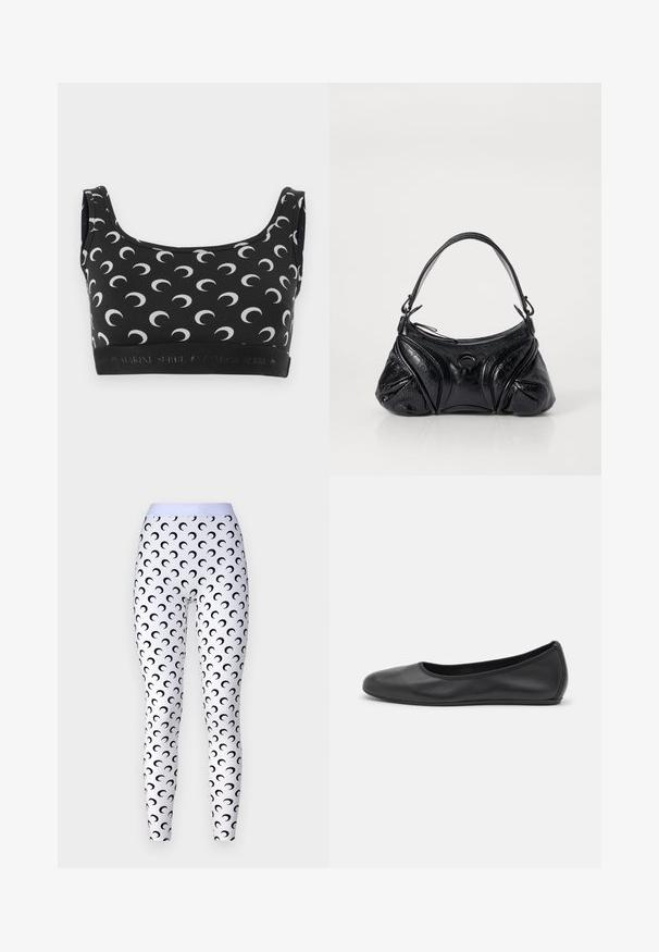Černá podprsenka s bílým motivem měsíčního srpku, výstřih do U a elastický pás se logem. Hladký, elastický materiál navržený pro pohodlí.; MARINE SERRE MOON - Legíny - kalhoty - optical white; Černé kožené baletní byty s kulatou špičkou, hladkou texturou, minimálními švy a flexibilním designem podrážky.; Černá kabelka vyrobená z texturované kůže s kulatým tvarem. Obsahuje tenký ramenní popruh a dekorativní reliéfní vzory.