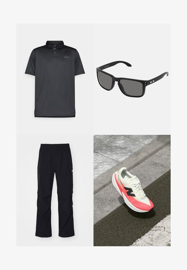 Melnas polo krekls, izgatavots no gludas auduma, ar apkakli, trim pogām, īsām piedurknēm un mazu pelēku logotipu uz kreisā krūša.; Melni cargo bikses, izgatavotas no viegla materiāla, ar elastīgu jostasvietu, sānu kabatām un taisnu kāju dizainu.; Viegls skriešanas apavu modelis ar krēmkrāsas augšdaļu, rozā akcentiem un melnu logotipu. Tam ir plūdena forma un teksturēta zole, kas nodrošina saķeri.; Melni saulesbrilles ar biezu plastmasas rāmi, tumši pelēkiem stikliem un smalkiem metāla akcentiem uz kātiem. Kvadrāta forma ar gludu tekstūru.