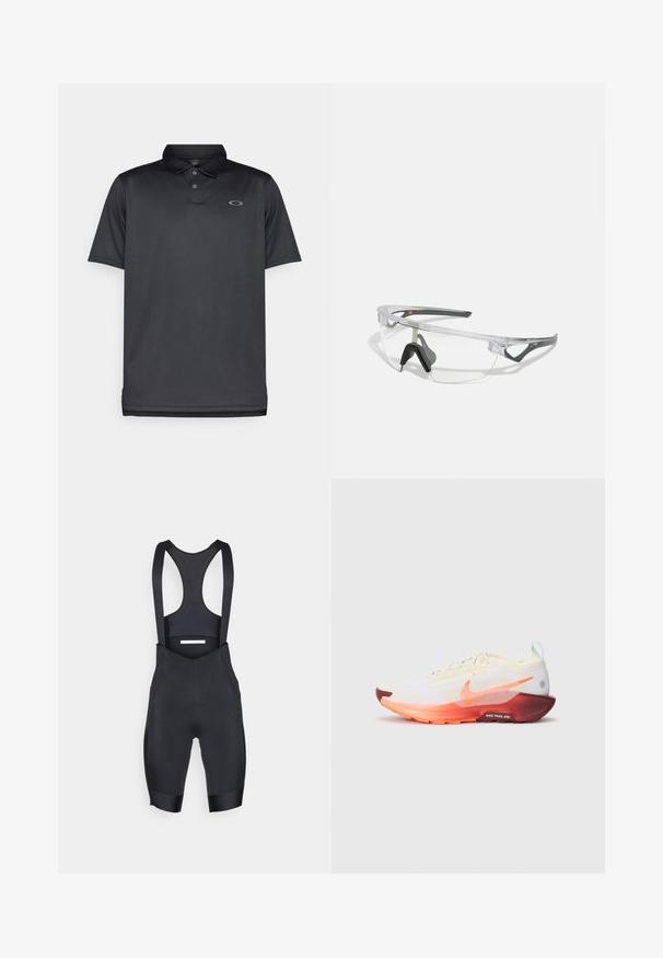 Polo noir en tissu lisse, avec un col, trois boutons, des manches courtes, et un petit logo gris sur la poitrine gauche.; Shorts en bretelles de vélo noirs en tissu extensible, dotés de bretelles ajustables, d'un dos en mesh et d'un rembourrage au niveau de l'assise pour plus de confort.; Nike Performance REACTX PEGASUS 5 GTX - Chaussures de running - sail/hyper crimson/glacier blue/dark team red/silt red; Lunettes de sécurité transparentes avec une monture légère et transparente, et des accents gris. Dotées d'un design enveloppant et d'un nez ajustable.