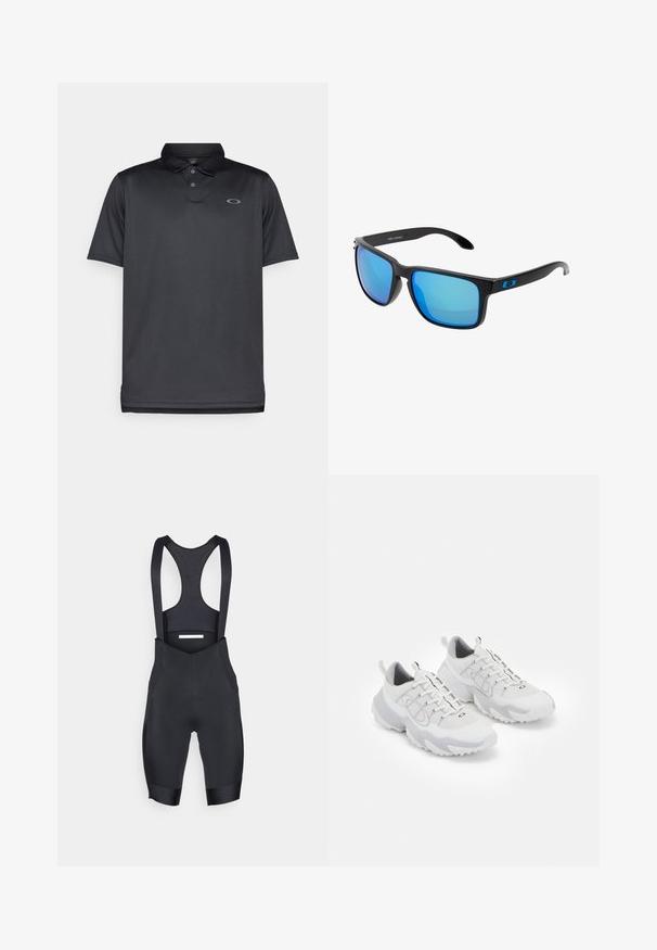 Polo noir en tissu lisse, avec un col, trois boutons, des manches courtes, et un petit logo gris sur la poitrine gauche.; Shorts en bretelles de vélo noirs en tissu extensible, dotés de bretelles ajustables, d'un dos en mesh et d'un rembourrage au niveau de l'assise pour plus de confort.; Chaussures de sport blanches avec une tige en mesh, des accents gris, une semelle en caoutchouc texturée et des languettes à l'arrière ; elles affichent un design à lacets.; Lunettes de soleil noires élégantes avec des verres miroités bleus, monture carrée et accent bleu sur les branches. Fabriquées en plastique léger.