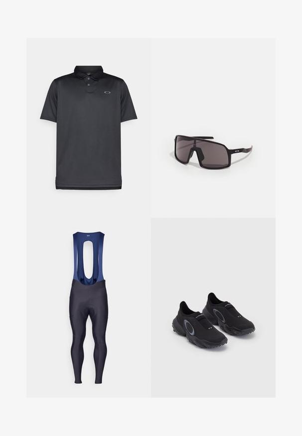 Black polo shirt made of smooth fabric, featuring a collar, three buttons, short sleeves, and a small gray logo on the left chest.; Rapha MENS CORE WINTER WITH PAD - Leggings - dark navy/navy; Black slip-on sneakers with a textured upper and rubber sole. Features a grey circular accent and elastic band across the instep for fit.; Black rectangular sunglasses with dark lenses, wide frame, and slender black arms. Features a logo on the temples. Smooth texture.