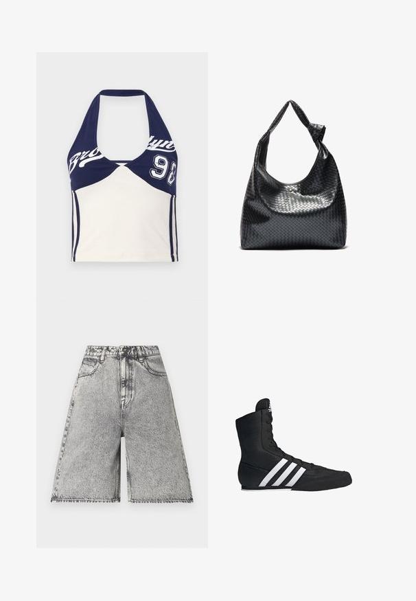 Navy blue and cream cotton crop top with halter neck, featuring "Brooklyn" print and number 98. Smooth texture, sporty design, and color-blocked.; Denim shorts in a black and grey acid wash pattern, featuring a high waist, belt loops, and five pockets. Edges are finished.; Black high-top athletic shoe with a textured fabric upper, featuring three white stripes and a laced front design. Flat rubber sole at the base.; Black woven leather handbag with a slouchy design, featuring a knotted strap and a small decorative gold stud at the top.