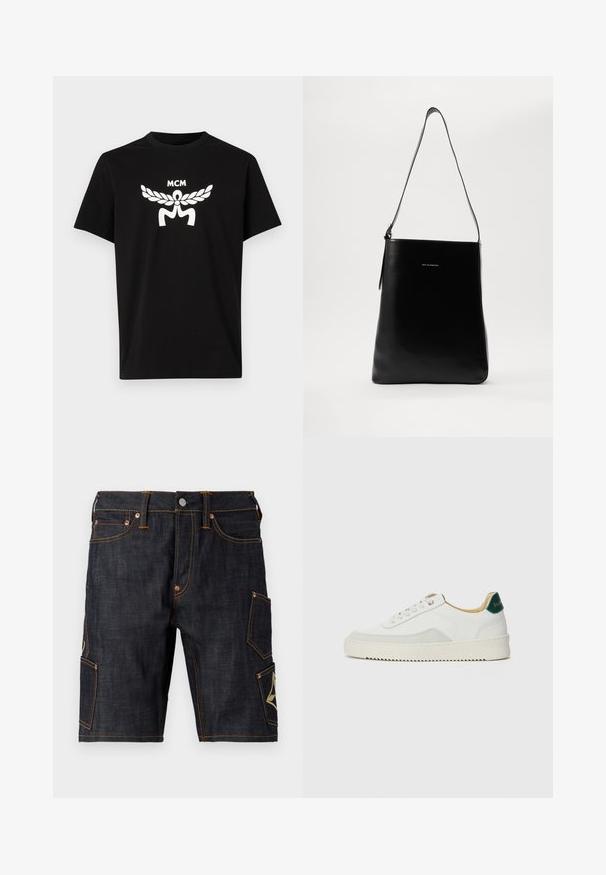 Camiseta de algodón negra con mangas cortas, que presenta un gran logo blanco de MCM y un diseño de laurel en el frente. Cuello redondo clásico.; Pantalones cortos de mezclilla oscura con corte recto, que cuentan con costuras en contraste naranja, cinco bolsillos y un bolsillo tipo cargador con un emblema.; Zapatilla blanca con acentos de ante, puntera redondeada, cordones planos y suela de goma color crema. Presenta un logo verde en el talón.; Bolso de hombro de cuero negro con textura suave, forma rectangular y una correa larga; presenta un pequeño logo blanco en el centro.