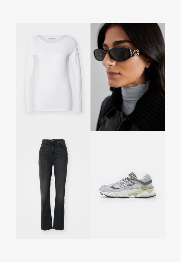 Bijela majica dugih rukava s okruglim izrezom. Izrađena od mekog, teksturiranog materijala. Ima ležeran kroj i bešavne manšete.; Crne traperice visokog struka s ravnim nogavicama, dizajn s pet džepova, prednje kopčanje na dugme i minimalni detalji šivanja.; Sivi nubuk i mrežasti tenisice s debelim bijelim i bež đonom, s istaknutim bijelim logotipom i crvenim detaljima.; Crne sunčane naočale sa elegantnim pravokutnim okvirom i zlatnim logotipom na strani. Tamna stakla i sjajni finiš su istaknuti.; Srebrne naušnice s glatkim, zakrivljenim dizajnom. Imaju polirani završetak i postavljen stražnji dio za sigurno nošenje.