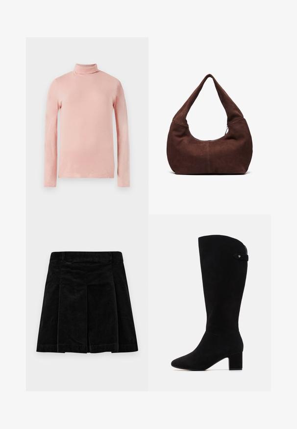 Heleda roosa pikkade varrukatega kõrge kaelusega särk, millel on kinnine lõige, sile tekstuur ja kõrge kaelus. Muster või dekoratsioonid on nähtamatud.; Musthave riidest seelik, millel on volditud disain, sirge lõige, tekstureeritud pind ja kinnituv vöökoht kindla istuvuse tagamiseks.; Mustad sametist kõrge varrega saapad, millel on terav nina ja ploki konts. Omavad sujuvat tekstuuri ja lihtsat disaini, lisatud külgrihmaga aktsent.; Pruuni nahkhiirekott, millega on kaasas kumer ja lai käepide ning suur avaus. Pehme tekstuuriga, mille servadel on nähtavad õmblustähed.