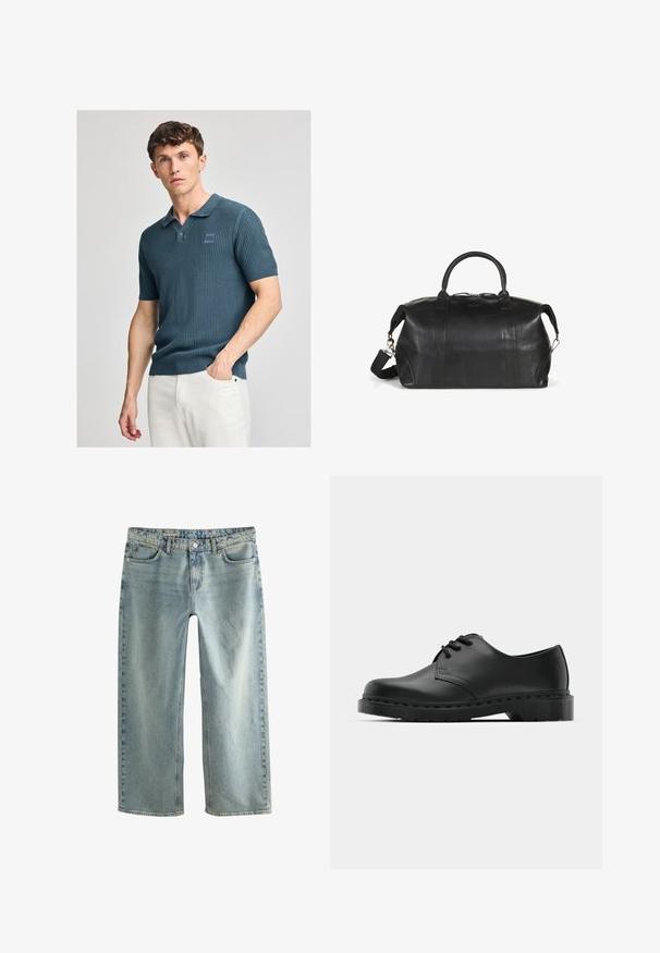 Korte mouw polo shirt in donker turquoise, ribbeltextuur, met een klassieke kraag en een klein logo op de borst. Gemaakt met lichtgekleurde broek.; Lichtblauwe denim baggy jeans hebben een rechte pijp, een vijf-pocket ontwerp en een zichtbare metalen knoopsluiting.; Zwarte leren oxford schoenen met vetersluiting, ronde neus, platte rubberen zool en subtiele stiksel details langs het bovenwerk.; Zwarte leren reistas met ronde handvatten, een afneembare schouderriem en subtiele stikdetails. Soepele textuur en praktisch ontwerp.