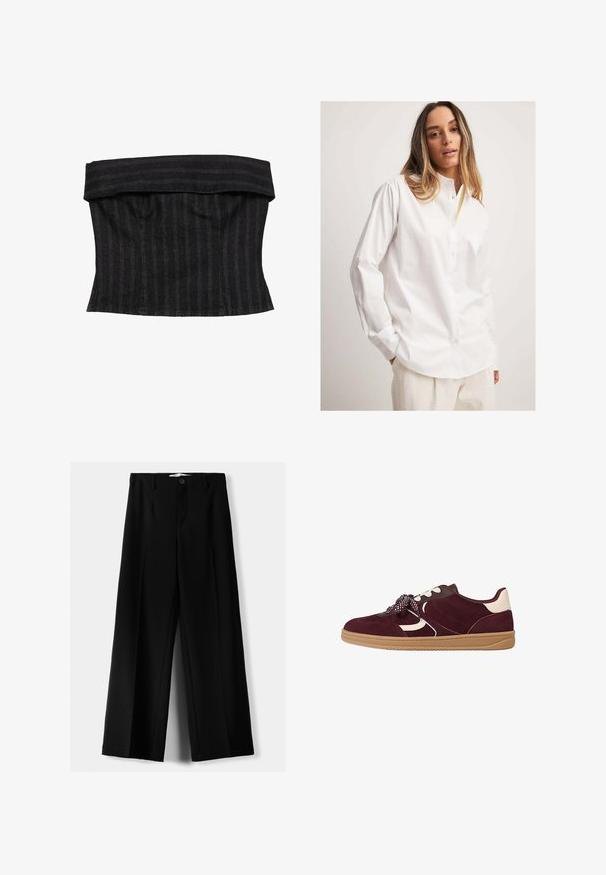 Sort stribet korset-top med et struktureret design, der har en foldet halsudskæring og glat tekstur. Stoffet ser robust og skræddersyet ud.; Hvid skjorte med knapper lavet af glat stof, med krave, lange ærmer og en afslappet pasform, parret med teksturerede lyse bukser.; Sorte brede bukser lavet af letvægtsstof, med frontknaplukning og glat front, samt pænt syede kanter.; Bordeaux ruskindsneaker med hvide accenter, struktureret detaljering, tykk gummisål og mønstrede snørebånd for en sikker pasform.