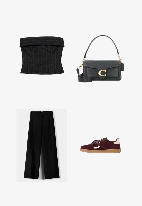 Top corsetto a righe nere con un design strutturato, caratterizzato da un collo piegato e una texture liscia. Il tessuto appare robusto e sartoriale.; Camicia bianca con bottoni realizzata in tessuto morbido, con colletto, maniche lunghe e vestibilità rilassata, abbinata a pantaloni leggeri e testurizzati.; Pantaloni neri a gamba larga realizzati in tessuto leggero, caratterizzati da una chiusura frontale con bottone e frontale piatto, con orli cuciti con precisione.; Sneaker in suede bordeaux con accenti bianchi, dettagli testurizzati, suola spessa in gomma e lacci decorati per una vestibilità sicura.; Borsa a tracolla in pelle nera con accessori in metallo dorato, dotata di una chiusura distintiva, di una tracolla rimovibile e di una superficie texturizzata.; I orecchini a nappina argentati presentano un design intricatamente perline, con fili pendenti di catena fine e un accento annodato nella parte superiore.