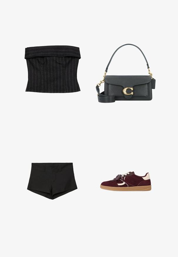 Top corset noir à rayures avec un design structuré, présentant un col replié et une texture lisse. Le tissu semble solide et bien ajusté.; Chemise blanche à boutons en tissu lisse, dotée d'un col, de manches longues et d'une coupe décontractée, associée à un pantalon texturé de couleur claire.; Shorts en coton noir au design ajusté, avec une taille haute et des poches latérales. Le tissu a une texture lisse et des coutures minimales.; Baskets en suede bordeaux avec accents blancs, détails texturés, semelle en caoutchouc épais et lacets à motifs pour un maintien sécurisé.; Sac en cuir noir avec des accents en métal doré, doté d'un fermoir signature, d'une bandoulière amovible et d'une surface texturée.; Des boucles d'oreilles à pampilles argentées avec un design en perles complexe, ornées de mèches en chaîne délicate et d'un accent noué en haut.