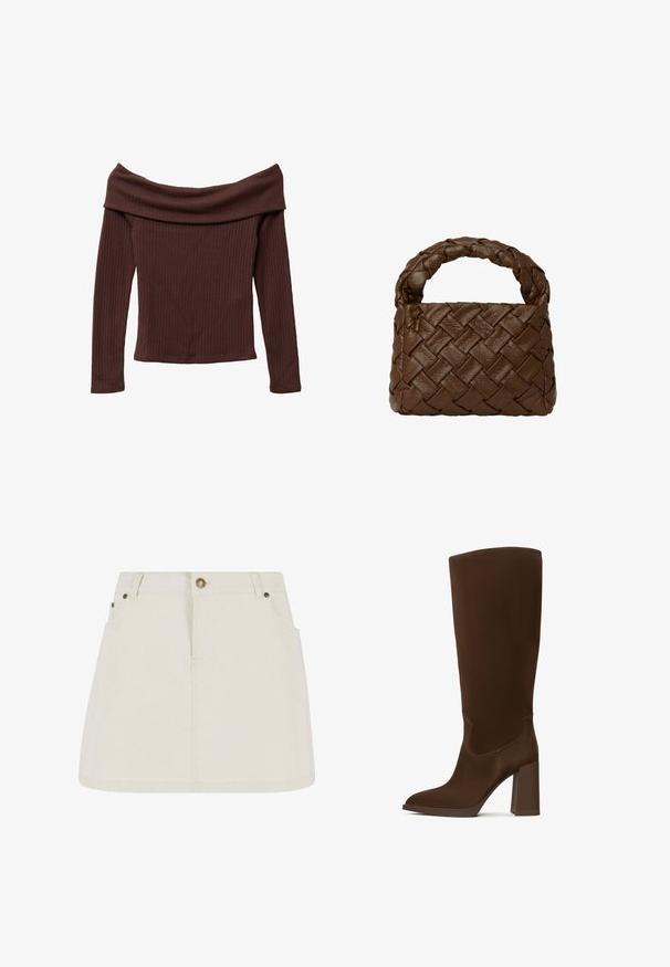 Schulterfreies, langärmliges Oberteil aus dunkelbraunem Rippstoff. Verfügt über einen weiten Ausschnitt und eine figurbetonte Silhouette. Strukturiertes, weiches Material.; Denim-Minirock in hellem Beige mit hoher Taille, zwei Fronttaschen und bronzefarbenen Knopfakzenten. Glatte Textur und schlichtes Design.; Braune knöchelhohe Stiefel aus glattem Material, mit spitzem Zehen und quadratischem Absatz. Nähdetails betonen das elegante Design.; Braune geflochtene Lederhandtasche mit einem geflochtenen Griff, rechteckiger Form, strukturiertem Oberflächen und nahtloser Verarbeitung.