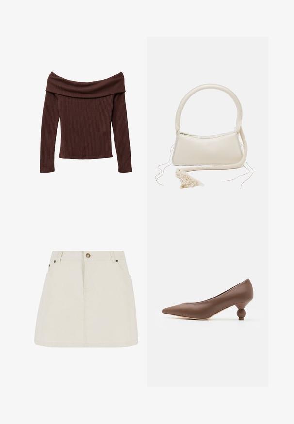Schulterfreies, langärmliges Oberteil aus dunkelbraunem Rippstoff. Verfügt über einen weiten Ausschnitt und eine figurbetonte Silhouette. Strukturiertes, weiches Material.; Denim-Minirock in hellem Beige mit hoher Taille, zwei Fronttaschen und bronzefarbenen Knopfakzenten. Glatte Textur und schlichtes Design.; Braune Leder-Pumps mit spitz zulaufender Zehenpartie und einzigartigem runden Ballabsatz. Glatte Textur, elegantes Design und minimalistische Details.; Cremefarbene Handtasche mit abgerundetem Griff, Reißverschlussverschluss und Quastendetail. Besitzt eine glatte Lederoberfläche und kontrastierende Stoffbesätze.