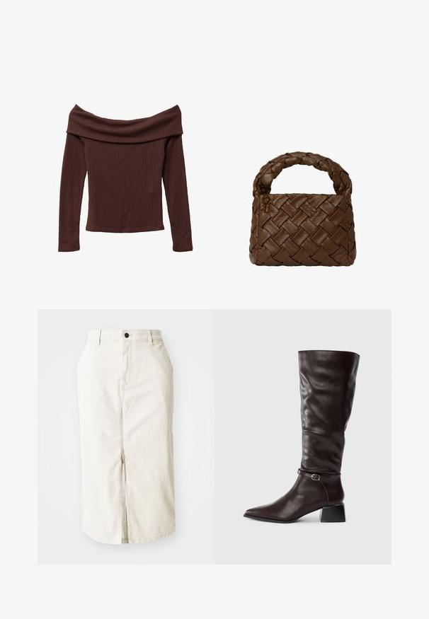 Off-shoulder långärmad topp i mörkbrunt ribbat tyg. Har en vid halsringning och en figurnära siluett. Strukturerat, mjukt material.; Beige cotton midi kjol med framtida slits, knäppning med övre knapp och utan synliga fickor. Platt midjeband och slät textur.; Hög, mörkbrun läderboot med spetsig tå, liten spännestraps runt vristen och låg blockklack på vit bakgrund.; Brun flätad läderhandväska med ett flätat handtag, rektangulär form, strukturerad yta och sömlös konstruktion.