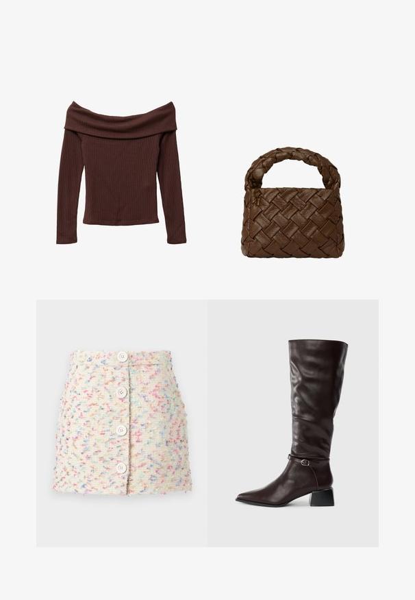 Olkapäältä avattava, pitkähihainen toppi tummanruskeasta ribbikankaasta. Ominaisuuksiin kuuluvat leveä kaula-aukko ja vartalonmyötäinen siluetti. Teksturoitu, pehmeä materiaali.; Kudottu kangas minihame vaaleassa kermassa, jossa on värikkäitä läiskiä. Tyylissä on neljä suurta valkoista nappia edessä ja teksturoitu pinta.; Pitkät tummanruskeat nahkasaappaat, joissa on terävä kärki, pieni solkiremmi nilkassa ja matala lohko korko valkoisella taustalla.; Ruskea punottu nahkalaukku, jossa on letitetty kahva, suorakulmainen muoto, teksturoitu pinta ja saumatonta rakennetta.