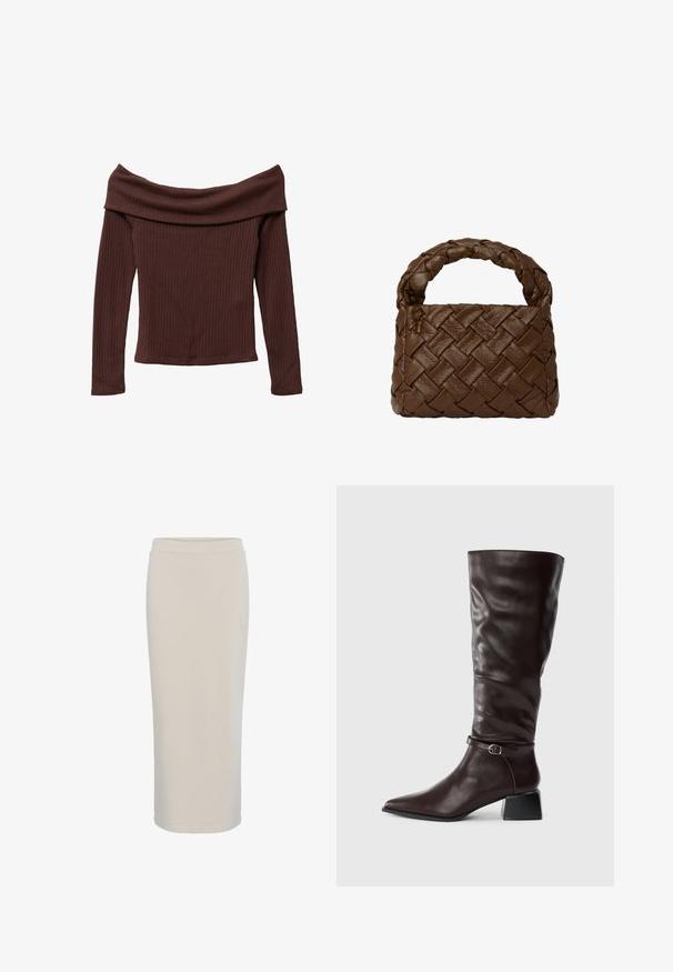 Off-the-shoulder, long-sleeve top in dark brown ribbed fabric. Features a wide neckline and fitted silhouette. Textured, soft material.; Beige, knee-length skirt made of soft, stretchy fabric. Features a simple elastic waistband and a straight silhouette with no visible patterns.; Tall dark brown leather boot with pointed toe, small buckle strap around ankle, and low block heel on white background.; Brown woven leather handbag with a braided handle, rectangular shape, textured surface, and seamless construction.