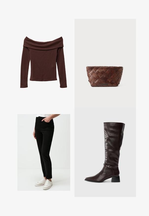 Top z długim rękawem, na jedno ramię, w ciemnym brązowym prążkowanym materiale. Posiada szeroki dekolt i dopasowany krój. Teksturowany, miękki materiał.; Czarne dżinsy skinny z bawełnianym udziałem, ze średnim stanem, z kieszeniami, szlufkami na pasek i gładką fakturą. Połączone z białymi sneakerami.; Wysoki, ciemnobrązowy skórzany but z wydłużonym noskiem, małą klamrą wokół kostki i niskim, blokowym obcasem na białym tle.; Brązowa, pleciona skórzana kopertówka o kształcie trapezu z małą plakietką marki na przednim środku.