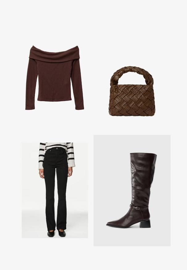 Top a spalle scoperte e maniche lunghe in morbido tessuto marrone scuro a costine. Presenta un ampio scollo e una silhouette aderente. Materiale testurizzato e morbido.; Jeans neri a campana con vita alta, dotati di cinque tasche e chiusura frontale con bottone, realizzati in tessuto denim con una superficie liscia.; Stivale alto in pelle marrone scuro con punta affusolata, piccola cintura con fibbia attorno alla caviglia e tacco blocco basso su sfondo bianco.; Borsa a tracolla in pelle intrecciata marrone con manico intrecciato, forma rettangolare, superficie testurizzata e costruzione senza cuciture.