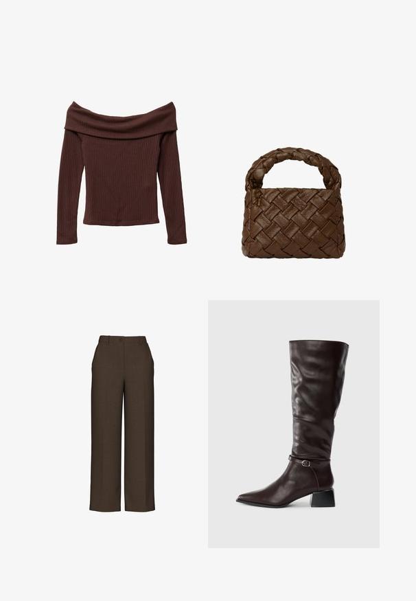 Top z długim rękawem, na jedno ramię, w ciemnym brązowym prążkowanym materiale. Posiada szeroki dekolt i dopasowany krój. Teksturowany, miękki materiał.; Brązowe spodnie w szerokim kroju wykonane z teksturowanej tkaniny, z zapięciem na guzik, usztywnionym pasem i prasowanymi liniami wzdłuż przodu.; Wysoki, ciemnobrązowy skórzany but z wydłużonym noskiem, małą klamrą wokół kostki i niskim, blokowym obcasem na białym tle.; Brązowa torba skórzana pleciona, z plecioną rączką, prostokątnego kształtu, o teksturowanej powierzchni i bezszwowej konstrukcji.