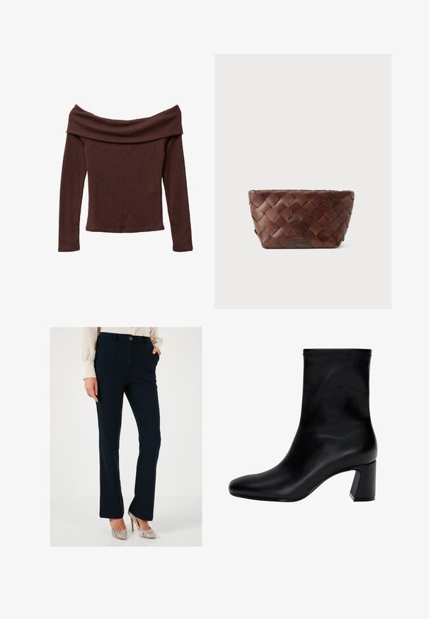 Off-shoulder, langærmet bluse i mørkebrun ribbet stof. Har en bred halsudskæring og tætsiddende silhouette. Tekstureret, blødt materiale.; Marineblå skræddersyede bukser med en glat tekstur, lige ben, forlommer og knaplukning, kombineret med metalliske hæle.; Sort ankelstøvle lavet af glat læder. Har en firkantet tå, elastisk kant og en kraftig hæl for stabilitet. Minimalistisk design.; Brun flettet læder clutch taske med trapezform og en lille mærkeplade i midten foran.