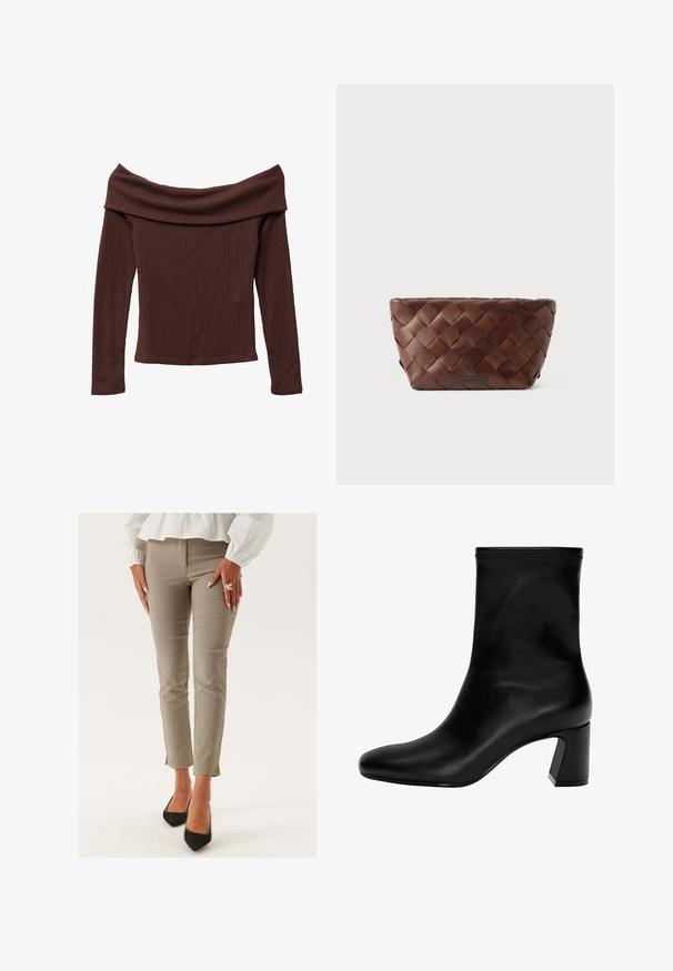 Off-shoulder, lange mouwtop in donkerbruin geribbeld materiaal. Heeft een wijde halslijn en een aansluitende snit. Gestructureerd, zacht materiaal.; Beige slim-fit broek met een soepele textuur, voorzien van een lage taille en een cropped, gespleten zoom. Gecombineerd met zwarte puntige hakschoenen.; Zwarte enkellaars van soepel leer. Heeft een vierkante neus, een elastische bovenkant en een chunky hak voor stabiliteit. Minimalistisch ontwerp.; Bruine geweven leren clutch met een trapeziumvorm en een klein merkembleem in het midden aan de voorkant.