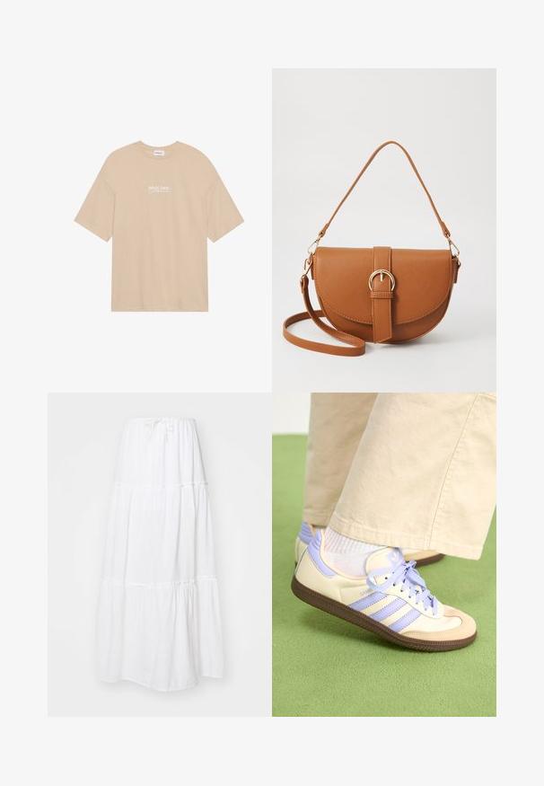 Beige pamut póló kerek nyakkal és rövid ujjakkal. Az elején fehér szöveggel található a "PACIFIC COAST California" felirat.; Fehér maxi szoknya, amely könnyű anyagból készült, réteges kialakítással és összegyűrt részletekkel, állítható zsinóros derékvonallal.; Krém és levendula színű sportcipők három csíkkal és texturált barna talppal, fűzőkkel és párnázott sarokkal. Puha anyagú felsőrész.; Barna bőr keresztbody táska ívelt formával, aranyszínű fémrészekkel és csat díszítéssel. Levehető vállpánttal rendelkezik.