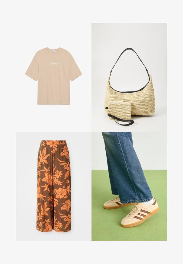 Beige Baumwoll-T-Shirt mit Rundhalsausschnitt und kurzen Ärmeln. Die Vorderseite ist mit "PACIFIC COAST California" in weißem Text bedruckt.; Braune weit geschnittene Hose mit einem orangen Blumenmuster. Glatte Textur mit hohem Bund und Seitentaschen. Lässiges und fließendes Design.; Beige Sneakers mit strukturierten cremefarbenen Paneelen und braunen Streifen, kombiniert mit blauen Jeans. Die Jeans haben einen weiten Beinschnitt und einen fransigen Saum.; Geflochtene Strohtasche mit geschwungener Silhouette, ausgestattet mit einem glatten schwarzen Ledergriff und einem passenden kleinen Beutel, der mit einem Handgelenkriemen befestigt ist.