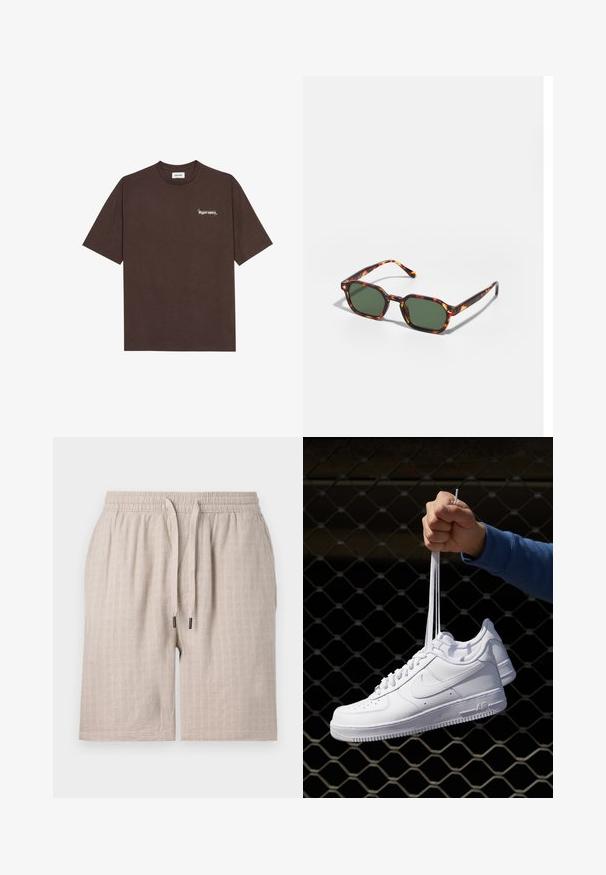 Camiseta de algodón marrón con mangas cortas, escote redondo y texto impreso en blanco "Hyperspace" en el lado izquierdo del pecho, con acentos de estrellas.; Pantalones cortos beige texturizados con cintura elástica y cordón ajustable. Presentan un sutil patrón a cuadros y un ajuste holgado. No se ven bolsillos.; Zapatillas de cuero blanco con perforaciones, punta redonda, suela plana y cordones gruesos, con un logo de swoosh visible y "AIR" en el talón.; Gafas de sol carey con lentes verdes, de forma octagonal y con patillas delgadas y curvas. El material tiene un acabado brillante.