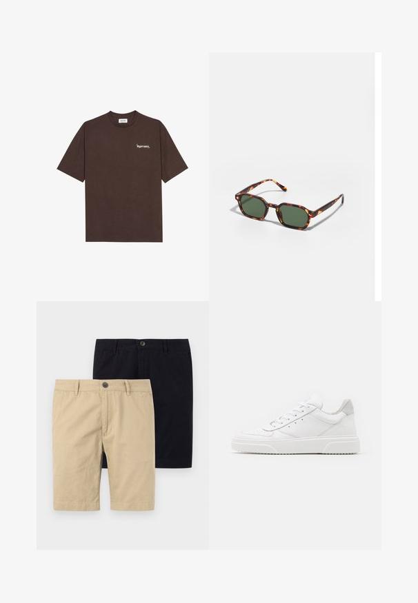 Brown cotton t-shirt with short sleeves, round neckline, and white printed text "Hyperspace" on the left chest and star accents.; Two pairs of shorts, one khaki and one black, made of cotton. Both feature a button, flat front, and are knee-length in design.; White leather sneakers with a smooth finish, rounded toe, flat laces, and a textured sole. Grey suede accent at the heel.; Tortoiseshell sunglasses with green lenses, featuring an octagonal shape and slim, curved arms. Material has a glossy finish.