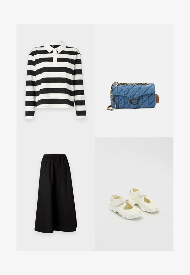 Black and white striped long-sleeve polo shirt with a flat collar, featuring a straight hem and a soft, textured fabric.; Black, knee-length skirt made of lightweight material with an elastic waistband and a relaxed, A-line silhouette. Features no visible patterns.; White mesh shoes with a structured design, featuring a Velcro strap and cut-out sides, textured fabric, and a chunky sole.; Blue quilted denim shoulder bag with a gold chain strap and a prominent gold logo accent on the front. Compact rectangular shape.