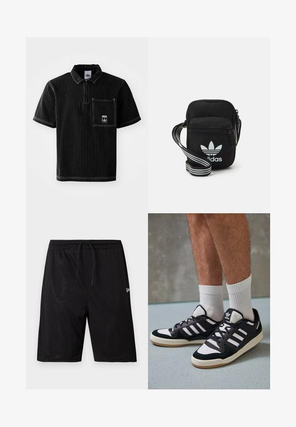 Svart kortärmad polo med dragkedja fram, vita vertikala ränder, bröstficka med liten logotyp och textilstruktur.; Svart mesh sportshorts med dragsko i midjan, med en perforerad textur och en liten vit logotyp på nedre högra sidan.; Svartvita sneakers med ovandel i mocka och läder, med tre vita ränder, perforerad tå och sula av gummigummi.; Svart tygaxelväska med dragkedjestängning, prydd med en vit Adidas-logga och ett randigt justerbart band för enkel bärning.
