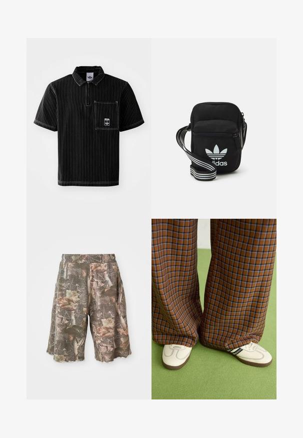 Melnas īsām piedurknēm polo krekls ar priekšējo rāvējslēdzēju, baltām vertikālām svītrām, krūšu kabatu ar mazu logotipu un teksturētu audumu.; Kratki bikses ar kamuflāžas rakstu un elastīgu jostu, kas ir veidotas no zaļas, brūnas un bēšas krāsas, ar plīsušu maliņu, lai radītu apgrūtinātu izskatu.; Brūni un zili rūtaini platās kājas bikses, kas savienotas ar baltām kurpēm ar melniem akcentiem un teksturētām zolēm, uz zaļa fona.; Melna auduma crossbody soma ar rāvējslēdzēja aizdari, kurai ir balts Adidas logo un svītrainas regulējamas siksnas ērtiem pārvietošanās veidiem.