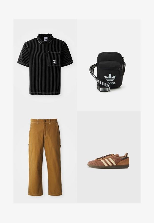 Musta lyhythihainen polo-paita, jossa on etuvetoketju, valkoiset pystyraidat, rintatasku pienellä logolla ja teksturoitu kangas.; Ruske puuvillashousut suoralla leikkauksella, vahvistetut saumat ja sivutaskut. Varustettu nappikiinnityksellä ja vyölenkeillä vyötäröllä.; adidas Originals SAMBA UNISEX - Matalavartiset tennarit - preloved brown/sand strata/dark brown; Musta kangas olkalaukku vetoketjulla, jossa on valkoinen Adidas-logo ja raidallinen säädettävä hihna helppoa kantamista varten.