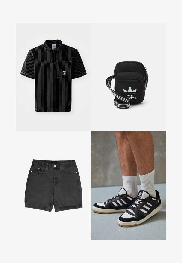 Czarna krótka koszulka polo z zamkiem z przodu, białe pionowe paski, kieszeń na piersi z małym logo i teksturowana tkanina.; Czarne szorty dżinsowe o prostym kroju, z pięcioma kieszeniami i zapięciem na guzik. Charakteryzują się drobnymi detalami w szwie oraz teksturowanym materiałem.; Czarno-białe sneakersy z zamszową i skórzaną cholewką, z trzema białymi paskami, perforowanym czubkiem i gumową podeszwą w kolorze gumy.; Czarna torba crossbody wykonana z materiału, z zamknięciem na zamek błyskawiczny, z białym logo Adidas oraz regulowanym paskiem w paski, co ułatwia noszenie.