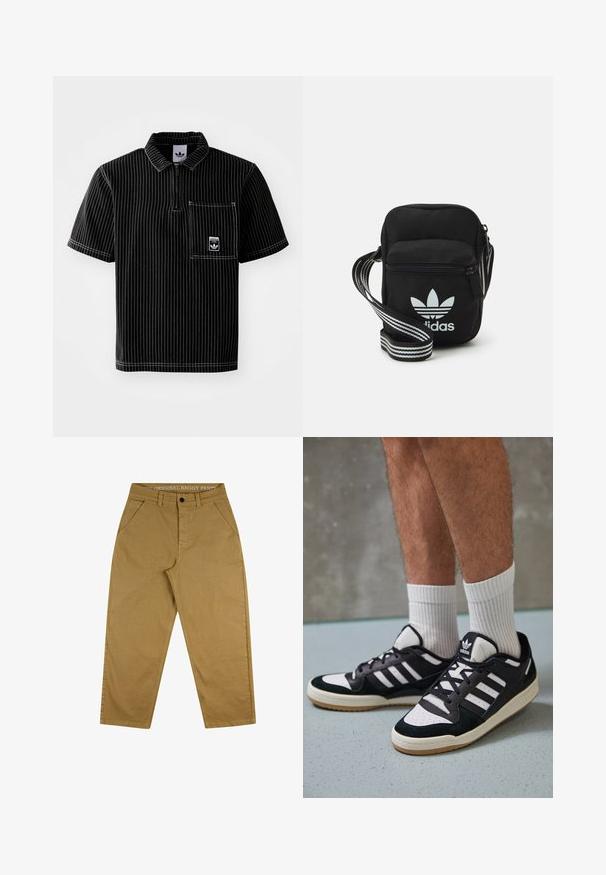 Melnas īsām piedurknēm polo krekls ar priekšējo rāvējslēdzēju, baltām vertikālām svītrām, krūšu kabatu ar mazu logotipu un teksturētu audumu.; Sare izturīgas kokvilnas bikses ar brīvu piegriezumu. Iekļauj pogu aizdari, piecu kabatu dizainu un uz jostasvietas atzīmi ar tekstu.; Melnas un baltas kedas ar zamša un ādas augšdaļu, kas aprīkotas ar trim baltām svītrām, perforētu purngali un gumijas zolēm.; Melna auduma crossbody soma ar rāvējslēdzēja aizdari, kurai ir balts Adidas logo un svītrainas regulējamas siksnas ērtiem pārvietošanās veidiem.