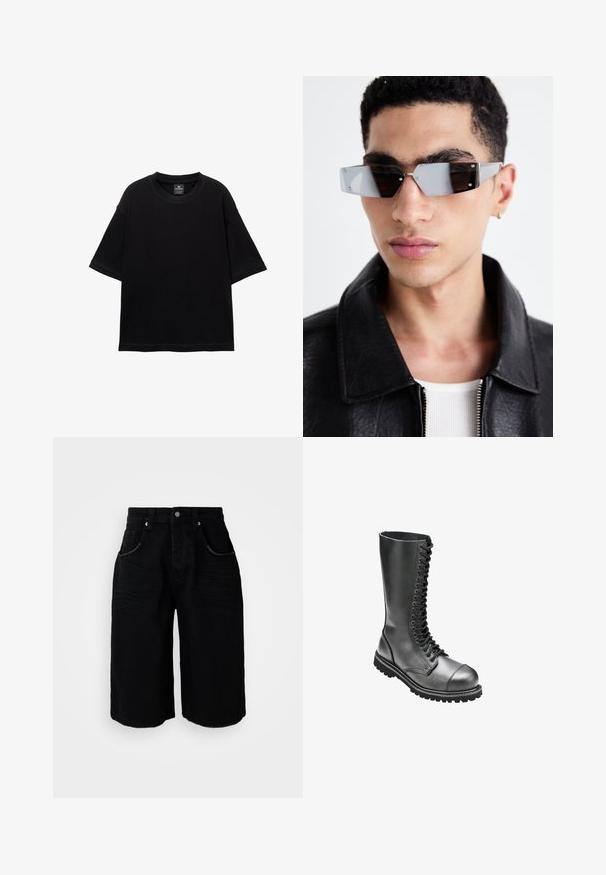 Lyhythihainen musta t-paita puuvillasta, jossa on pyöreä kaula-aukko ja rento mitoitus. Sileä pinta, jossa on vain vähän ommel yksityiskohtia.; Mustat farkkushortsit suoralla lahkeella, viisi taskua, metallinen nappisuljin ja hillitty rakenne. Helmassa on siisti leikkaus.; Mustat nahkaiset nauhaketjutukkasaappaat, joissa on korkea varsi, pyöreä kärki, pehmustettu kaulus ja teksturoitu kumipohja, joka parantaa pitoa.; Kuluneet harmaan sävyiset aurinkolasit, joissa on hopeiset yksityiskohdat, vaaleaa taustaa vasten. Linssit ovat ainutlaatuisen geometrisen muotoiset.