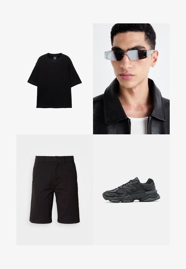 Černé tričko s krátkým rukávem vyrobené z bavlny, s kulatým výstřihem a volným střihem. Hladká textura s minimálními švy.; Černé šortky vyrobené z lehkého materiálu, s knoflíkovým předním zapínáním, poutky na opasek, bočními kapsami a rovnou siluetou s ohrnutými lemy.; Černá běžecká bota s kombinací síťoviny a syntetických materiálů, masivní podešev, zakřivený design a výrazné logo na boku.; Avenované sluneční brýle se šedým nádechem a stříbrnými doplňky, umístěné na světlém pozadí. Skla mají jedinečný geometrický tvar.