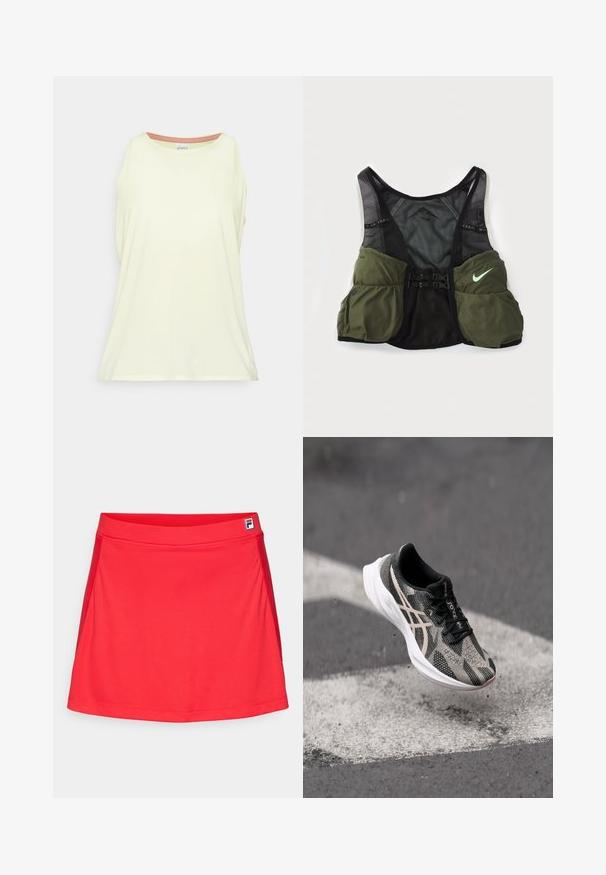 Světle žlutý bezrukávový top z měkké tkaniny. Kulatý výstřih s kontrastním vnitřním lemem. Uvolněný střih s bočními rozparky.; Červená sportovní sukně vyrobená z hladké, elastické látky. Má přiléhavý pas a postranní švy, na pase je malé logo.; Černá a šedá běžecká obuv s texturovaným svrškem, s tkaničkovým zapínáním a bílou podešví. Doplňováno reflexními detaily.; Nike běžecká vesta na trail v černé a olivově zelené barvě. Obsahuje síťovinový materiál, nastavitelné popruhy a několik úložných kapes na přední straně.