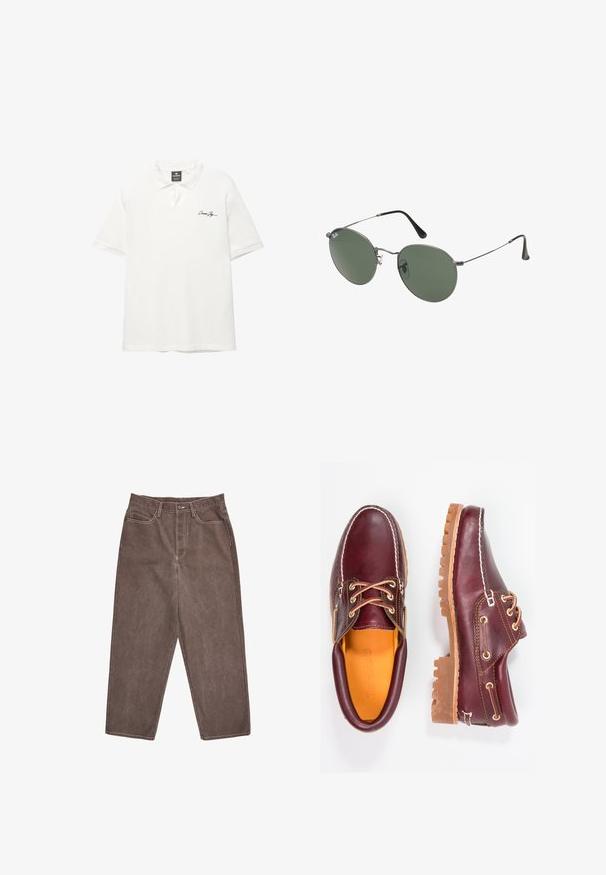 Biała koszulka polo z krótkim rękawem, wykonana z fakturowanej tkaniny, z zapięciem na guziki na dekolcie oraz małym czarnym logo na lewej piersi.; Brązowe spodnie dżinsowe o prostym kroju, z kontrastującymi białymi szwami i standardowym pasem z zapięciem na przedni guzik.; Bordowe skórzane buty z brązowymi gumowymi podeszwami, okrągły czubek, białe przeszycia i złote oczka. Wnętrze posiada żółtą podszewkę.; Okulary przeciwsłoneczne z metalową ramą i owalnymi zielonymi soczewkami. Cienka srebrna metalowa rama i czarne końcówki zauszników. Minimalistyczny design, bez widocznych logo.