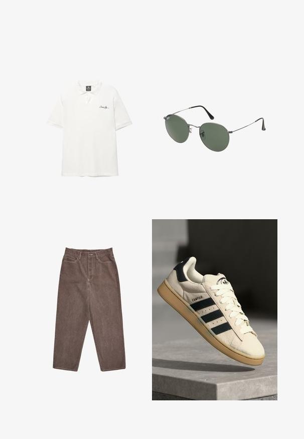 Polo shirt bianco a maniche corte con tessuto testurizzato, colletto con bottoni e piccolo logo nero sul petto sinistro.; Pantaloni in denim marrone con taglio dritto, caratterizzati da cuciture bianche a contrasto e una vita standard con chiusura a bottone frontale.; Sneaker in suede beige con tre strisce blu scuro, lacci bianchi e suola in gomma beige. Presenta un logo sulla linguetta e il testo "CAMPUS".; Occhiali da sole con montatura in metallo e lenti verdi ovali. Montatura sottile in metallo argento e terminali neri. Design minimalista, senza loghi visibili.