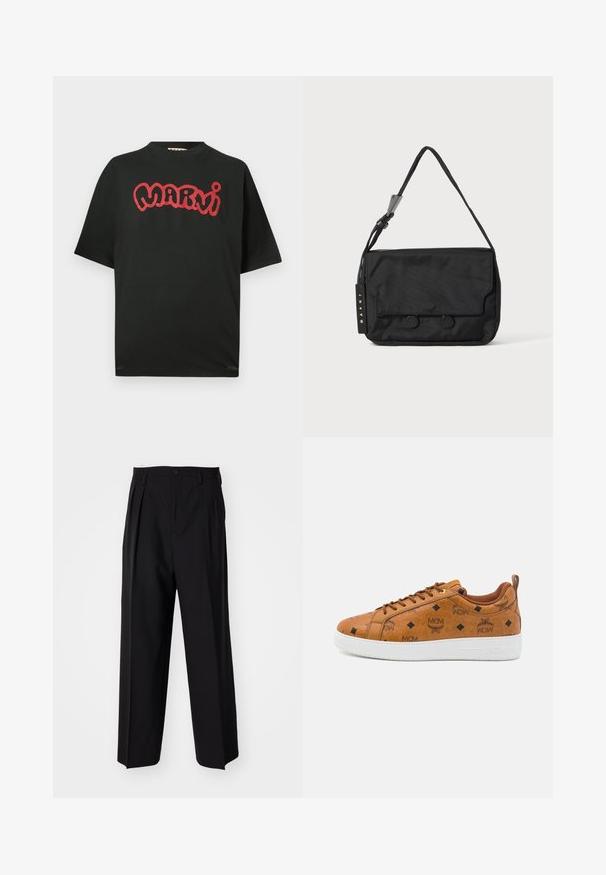 Črna kratka majica s kratkimi rokavi z rdečim stiliziranim napisom "Marni" na prsih, z okroglim izrezom in sproščenim krojem.; Črne nabirane hlače s ravnim, širokim krojem. Narejene so iz gladkega materiala in imajo zadrgo ter pasne zanke.; Rjave usnjene športne copate s ustvarjenim logotipom MCM, diamantnim vzorcem, belim gumijastim podplatom in kontrastnimi rjavimi vezalkami.; Črna najlon torba za ramo s plosko obliko, ki ima pokrov, dva krožna gumba in pleten trak. Oznaka blagovne znamke je vidna.