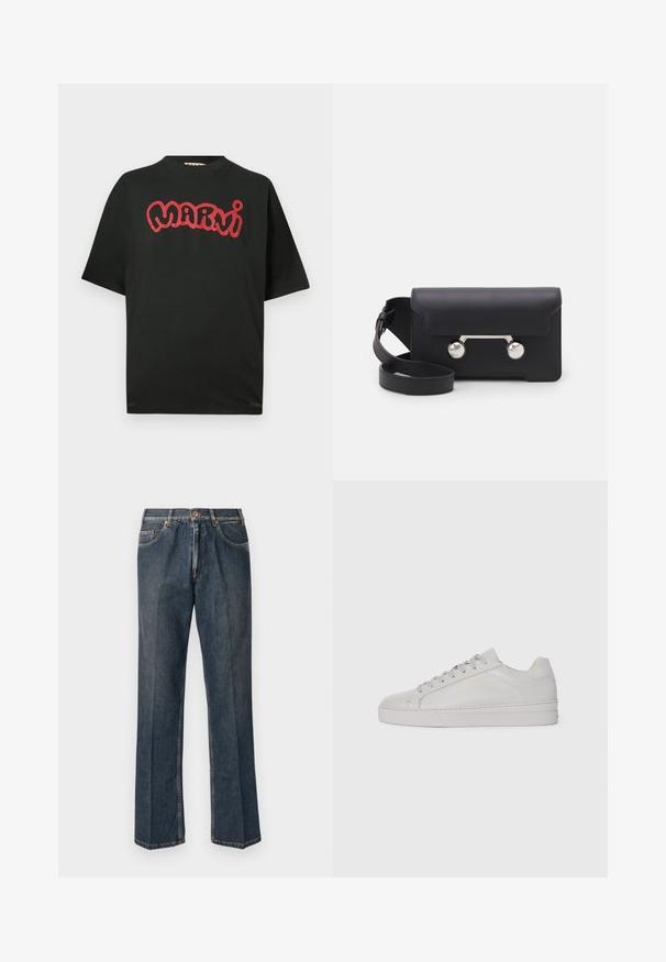Crna kratka majica s kratkim rukavima s crvenim stiliziranim "Marni" tekstom preko prsa, s okruglim izrezom i opuštenim krojem.; Tamno plave traperice ravnog kroja s prednjim gumbom, patentnim zatvaračem, dvojim prednjim džepovima i vidljivim vertikalnim naborima duž nogu.; Svijetlosivi kožni tenisice s glatkom teksturom, okruglim vrhom, ravnim gumiranim potplatom i toniranim vezicama. Ima minimalno brendiranje u zlatnoj boji.; Crna kožna crossbody torba s preklopom, hardverom srebrne boje i dva okrugla detalja. Ima odvojivi remen. Glatka tekstura.