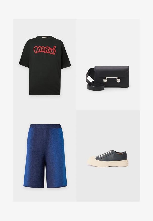 Must t-särk lühikeste varrukatega, musta värvi, millel on punane stiliseeritud "Marni" tekst rinnal, ümar kaelus ja lõdva lõikega.; Tumesinised lühikesed püksid tekstuurse viimistlusega, sirge lõiguga ja ilma õmblusteta vöökoht, mis on loodud mugavuseks ja juhuslikuks välimuseks.; Mustadast mustad nahast tossud ümarate varvastega, valged paelad ja paks kreemitooni kummist tald. Omab minimalistlikku disaini ja siledat tekstuuri.; Must со хsaid crossover kottiga black nahka, mis on varustatud klapiga sulgemisega, hõbedased detailid ja kaks ümmargust aksessuaar. Omab eemaldatavat rihma. Sile tekstuur.