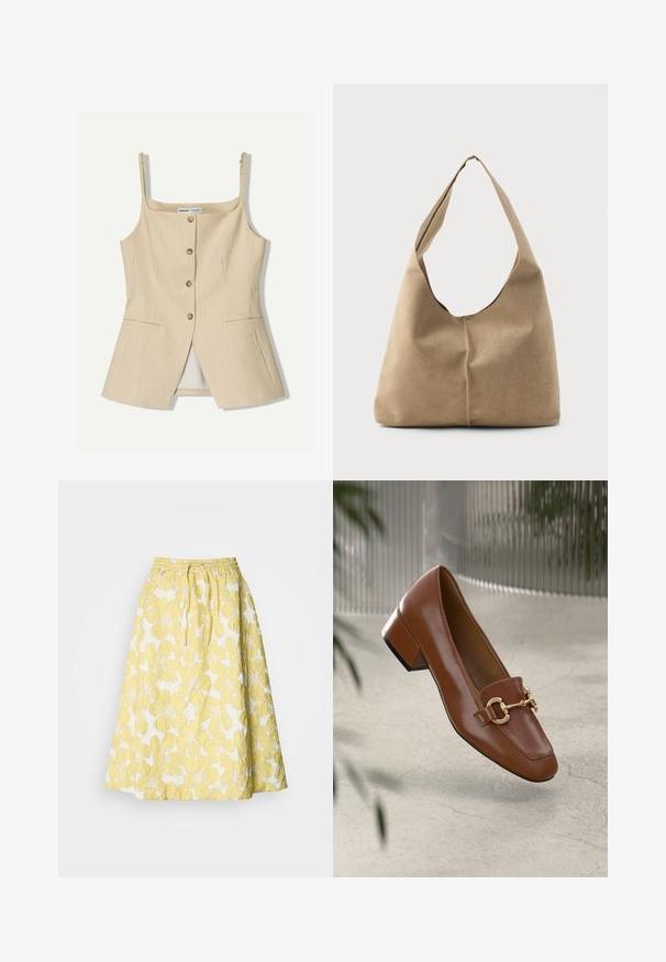 Béžová bezrukávová blúzka s pruhmi, s štvorcovým výstrihom, predným zapínaním na gombíky a dvoma bočnými vreckami. Hladká látka s prispôsobeným strihom.; Žltá kvetinová sukňa s textúrovaným povrchom, so zhromaždeným pásom a A-čkovým strihom po kolená. Vzor veľkých žltých kvetov na bielom pozadí.; Hnedé lakované kožené loafers s hranatou špičkou, kovovým reťazovým akcentom a nízkym blokovým podpätkom; hladká textúra, minimalistický dizajn.; Hobo taška z mäkkej béžovej semišovej kože so splývavým tvarom, širokým ramenným popruhom a ručne šitým detailom švu na prednej strane.