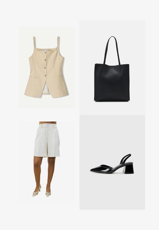 Top senza maniche a righe beige con scollo quadrato, chiusura frontale a bottoni e due tasche laterali. Tessuto morbido con vestibilità su misura.; Pantaloni corti in lino beige con design su misura, caratterizzati da due pieghe frontali e tasche laterali. Abbinati a scarpe con tacco a punta a righe.; Décolleté in vernice nera con punta affusolata e tacco in geometria cubica. Presentano un design elegante e minimalista, con una texture liscia.; Borsa tote in pelle nera con texture liscia, forma rettangolare e due manici lunghi. Nessun hardware o decorazione visibile.