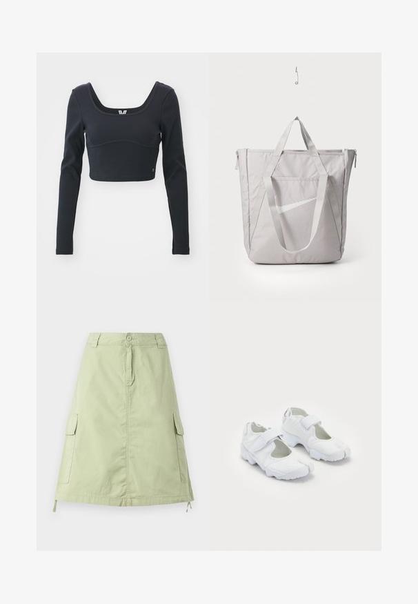 Svart langermet cropped topp i ribbet tekstur, med bred scoop-hals og figursydd silhuett, med en subtil merkevarelogo.; Lys grønn bomullskjørt i kne-lengde med to side cargo lommer, knappelukking og en avslappet rett passform. Enkelt tekstur.; Hvite sportssko med strukturert overdel, justerbar borrelåsrem, rund tå og en klumpete såle med distinkt mønster.; Grå totebag med forsterkede håndtak, frontlomme med glidelås og en hvit Nike swoosh-logo. Laget av slitesterkt stoff med en glatt tekstur.