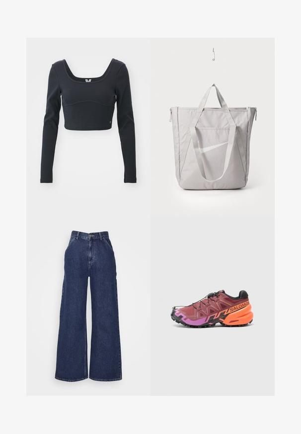 Črn dolg rokav skrajšan top iz rebraste teksture, ki se ponaša z širokim izrezom in prilegajočo silhueto, z diskretnim logotipom blagovne znamke.; Široke jeans hlače iz temno modrega denima, z visokim pasom, sprednjimi žepi in zadrgo z kovinsko gumbom. Gladka tekstura in klasičen dizajn.; Pohodniški čevlji za tek z maroon, vijolično in črno zasnovo, teksturirano zgornjišče in izrazitimi oranžnimi poudarki na peti.; Siva torba z ojačanimi ročaji, sprednjim žepom z zadrgo in belim logotipom Nike swoosh. Narejena iz trpežnega materiala z gladko teksturo.